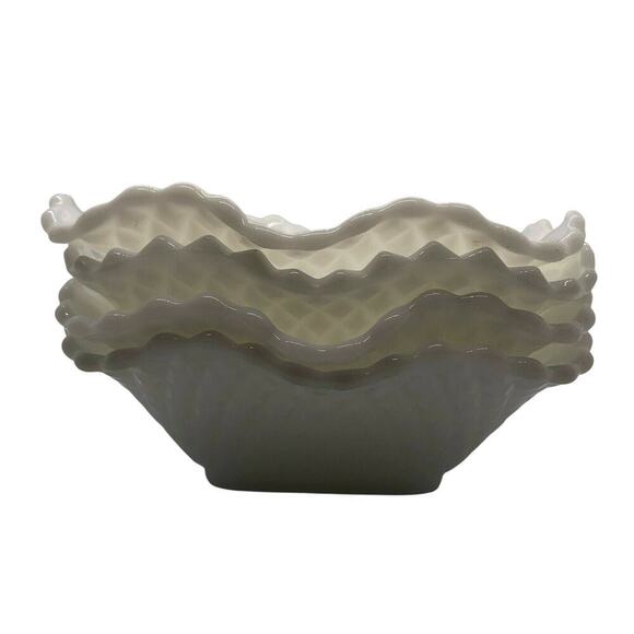 Milk Glass Square Candy Dish Bowl Diamond Pattern Ruffled Edge Set of 4 - Picture 2 of 8